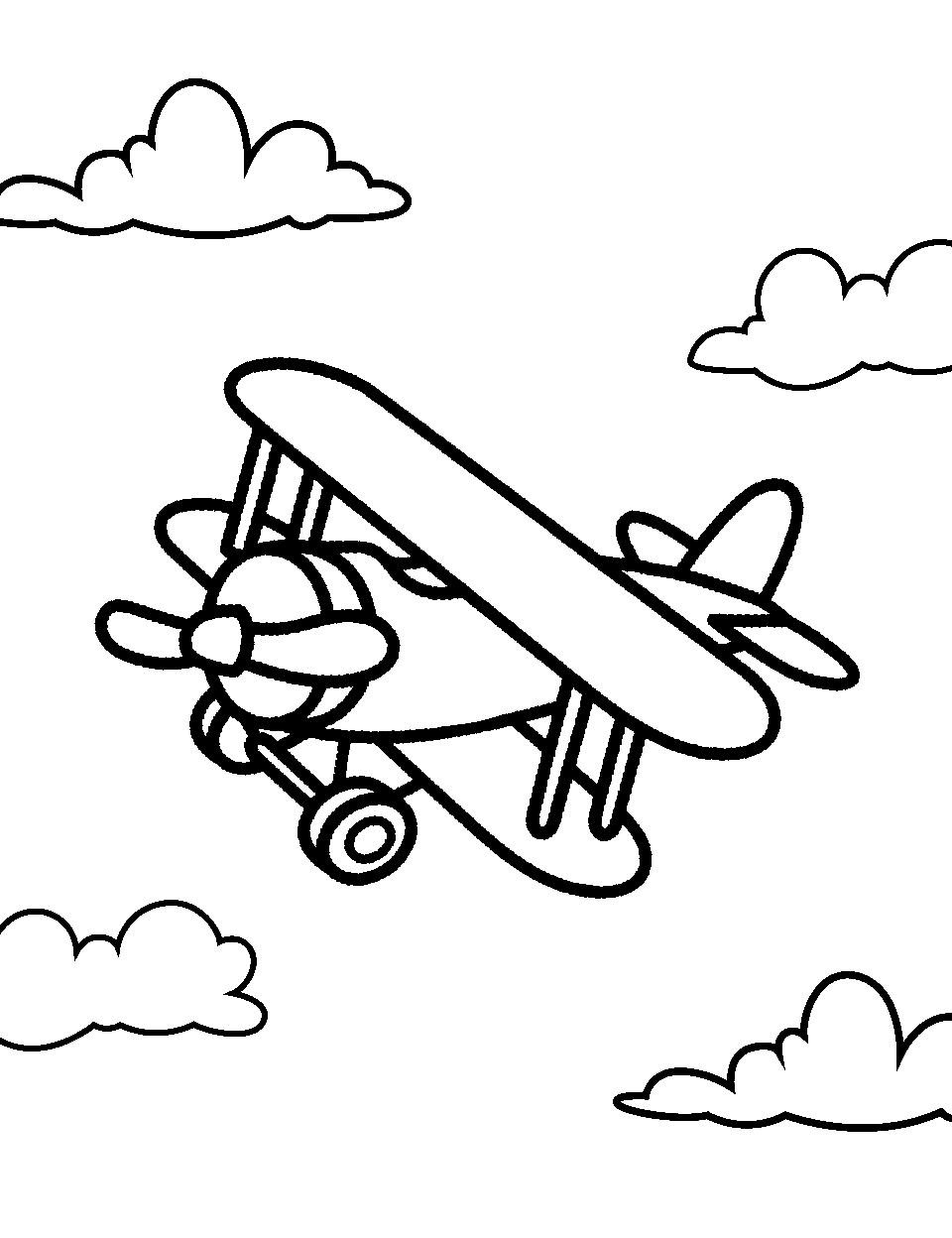 Cartoonish Stunt Biplane Airplane Coloring Page - A cartoonish stunt biplane performing stunts in the sky.
