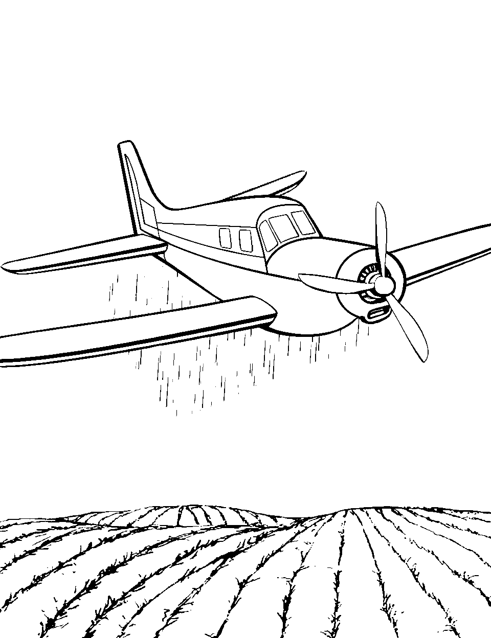 Crop Duster at Work Airplane Coloring Page - A crop duster plane flying to spray over a field of crops.