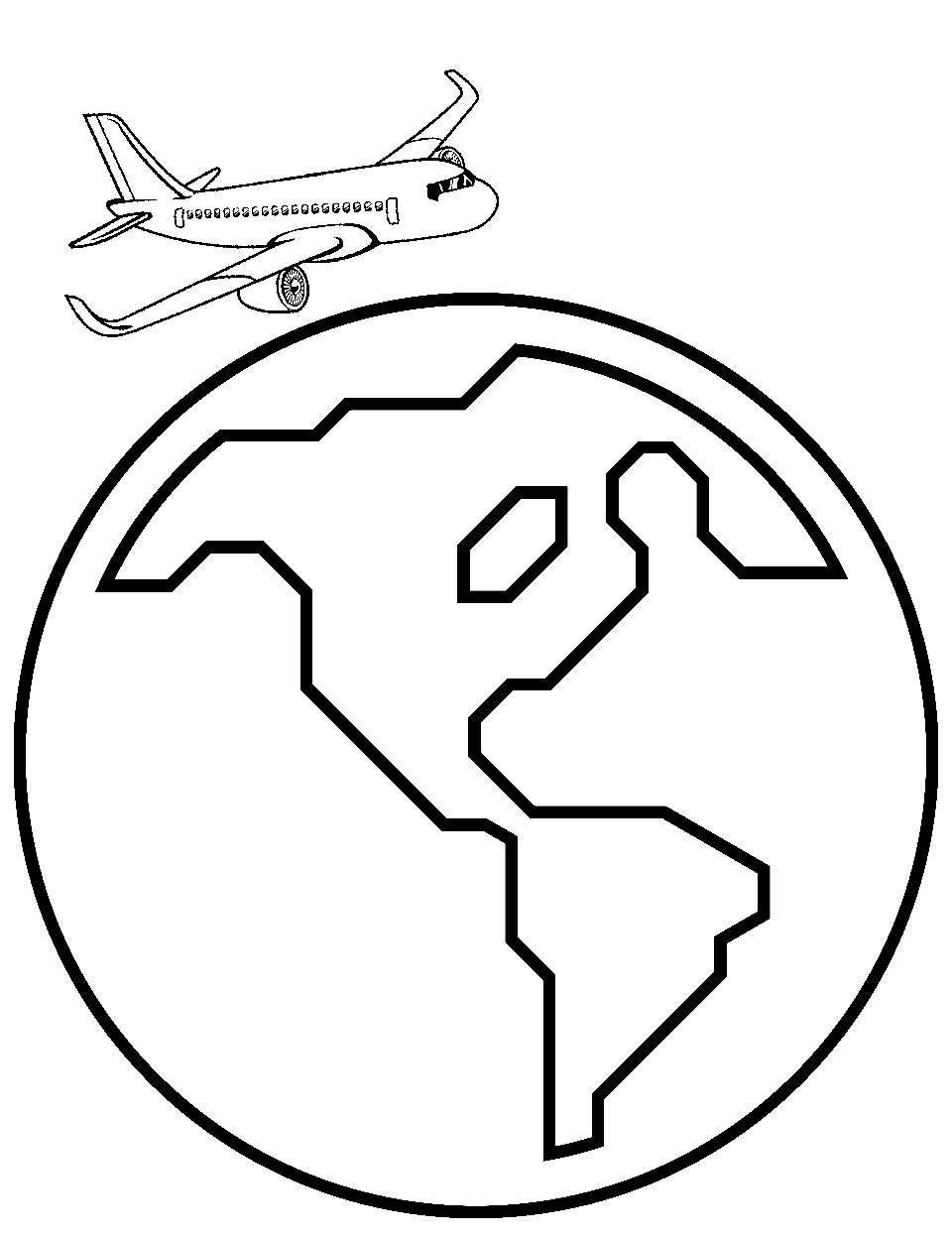 International Flight Airplane Coloring Page - A large airplane flying over the globe for international travel.