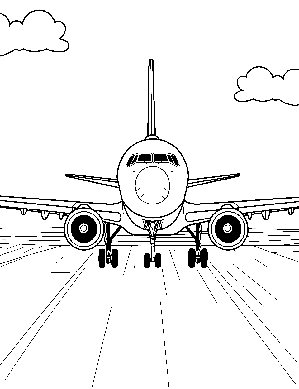 Boeing 737 Landing Airplane Coloring Page - A Boeing 737 on an airport runway.