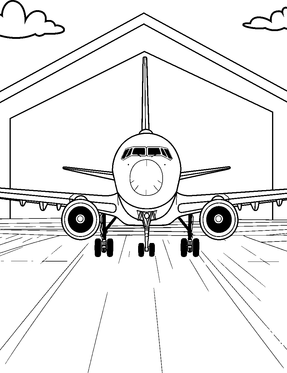 Airplane Hangar Coloring Page - A plane parked in front of an open hangar.