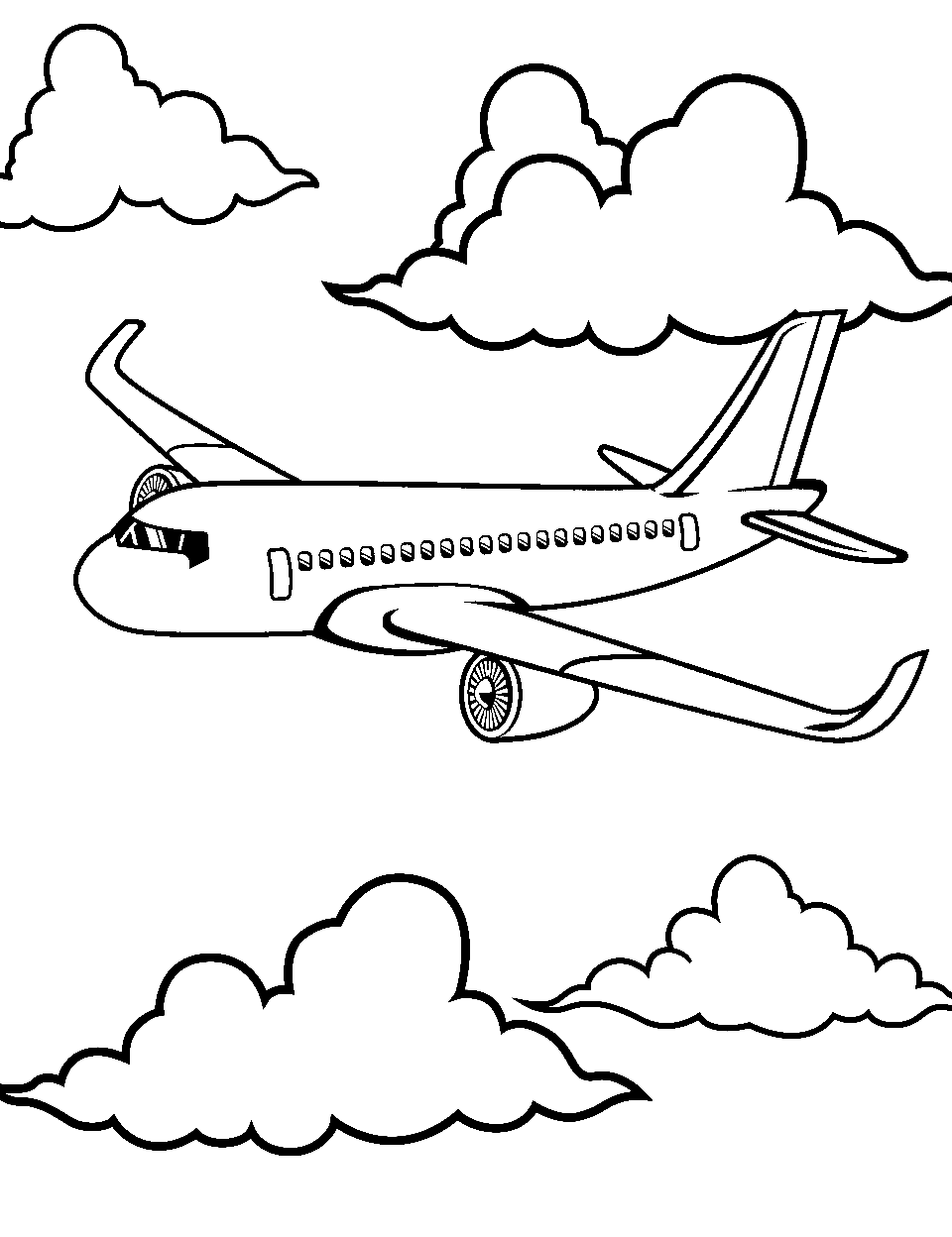 Cloudy Day Flight Airplane Coloring Page - An airplane flying on a cloudy, overcast day.