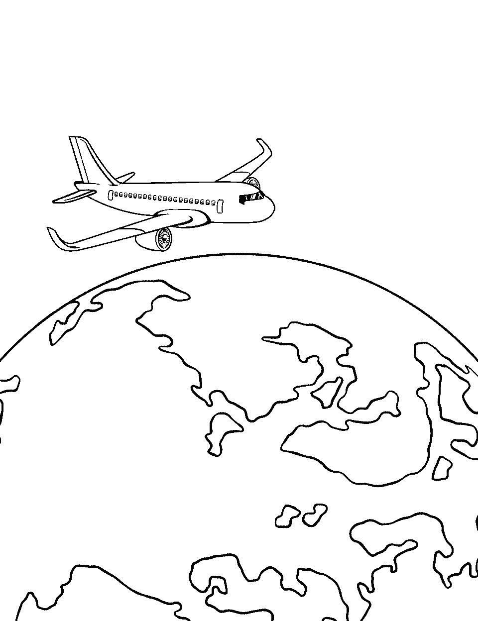 Around the World Airplane Coloring Page - An airplane circling a simple representation of the Earth.