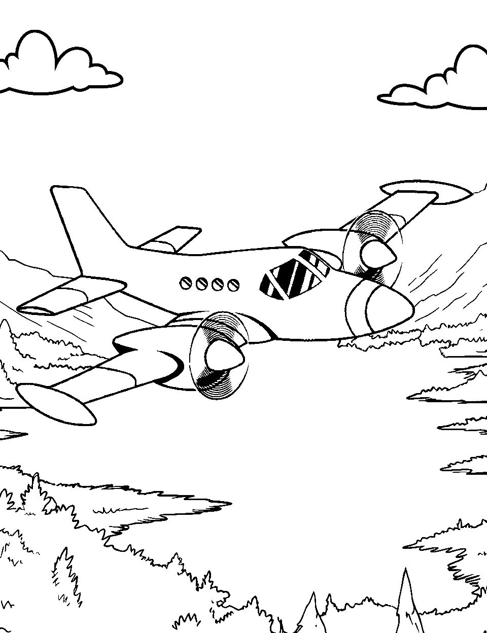 Ultralight Flight Airplane Coloring Page - A small ultralight aircraft flying over a lake.