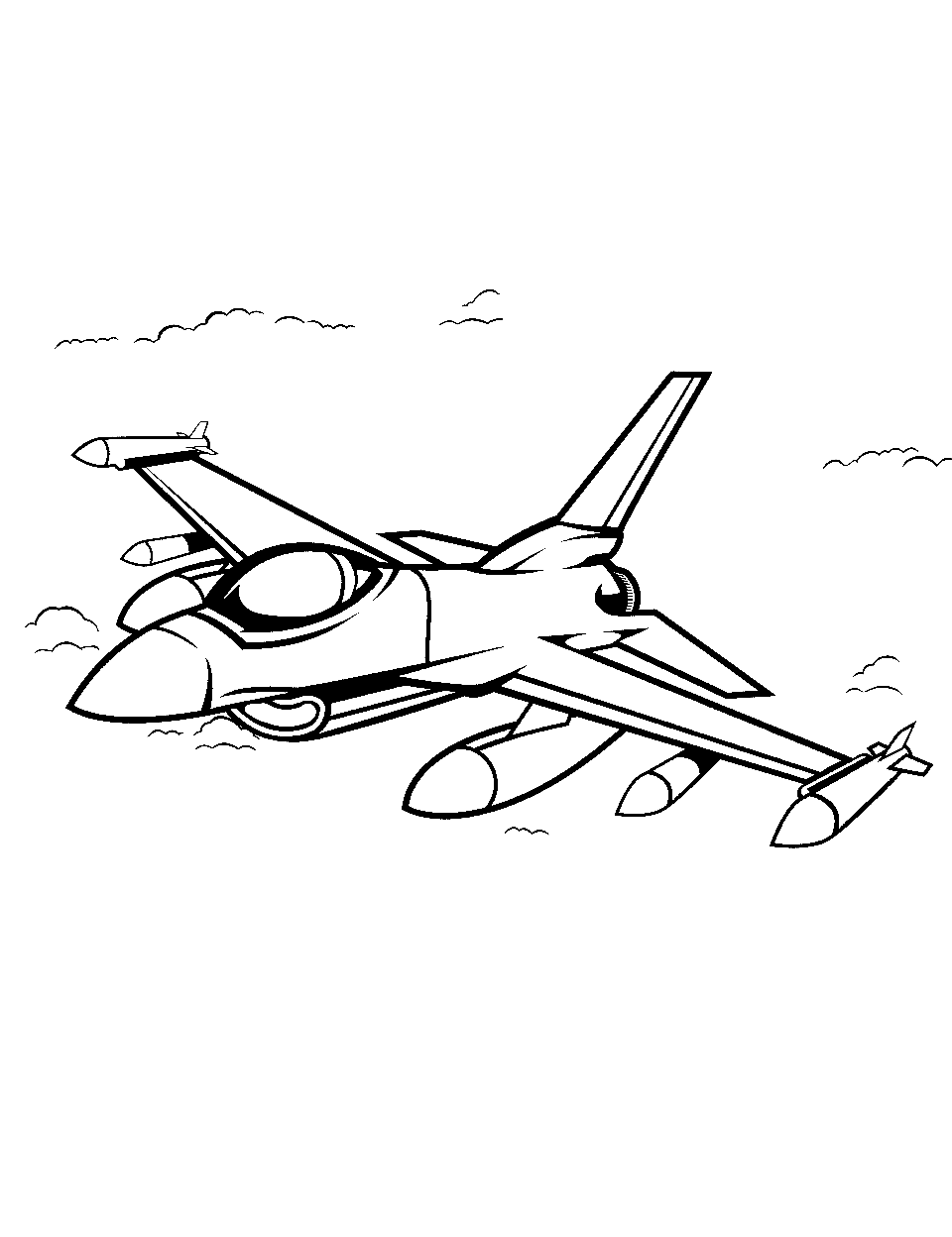 Air Force Fighter Jet Airplane Coloring Page - A powerful fighter jet from the Air Force zooming through the sky.