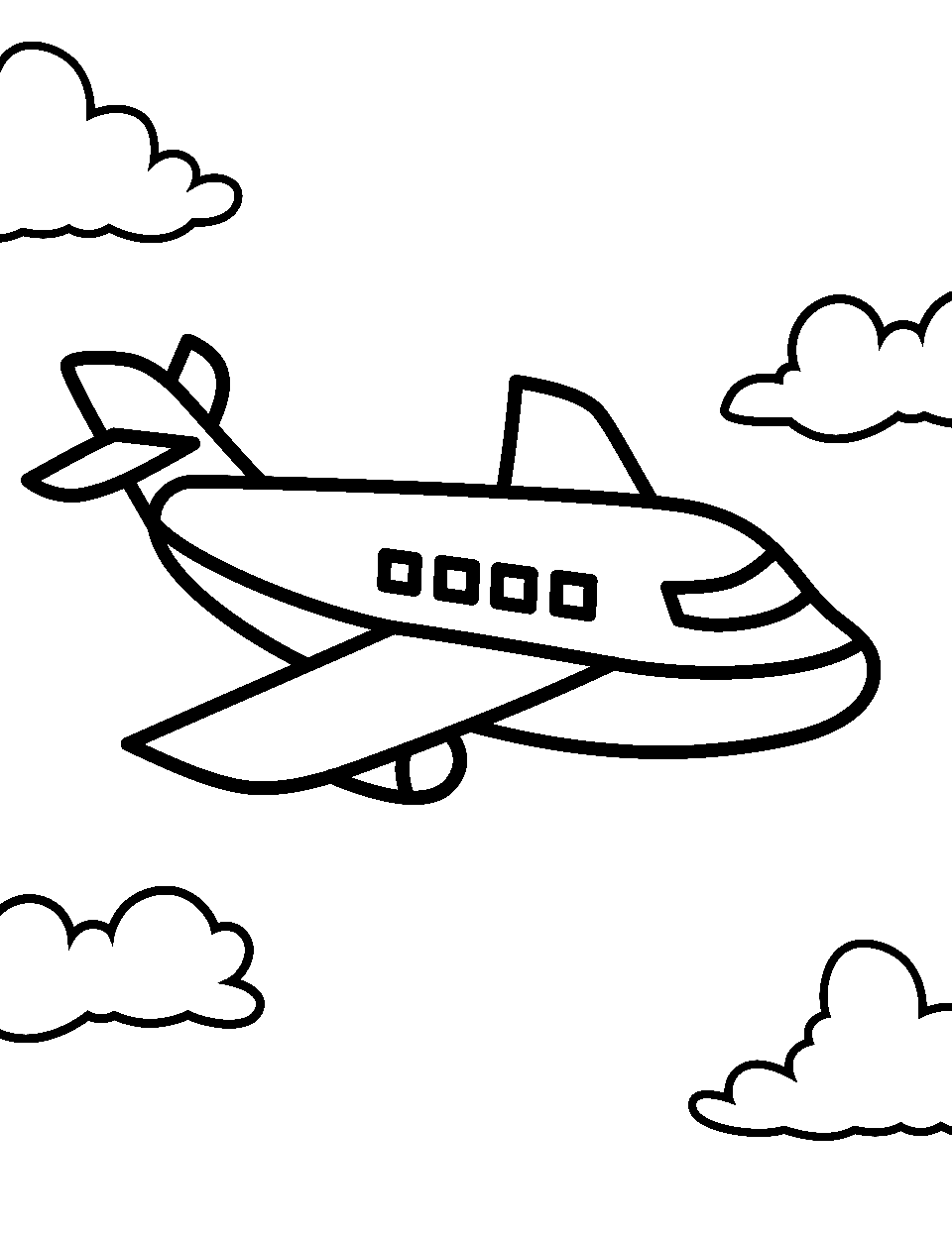 Friendly Aeroplane Adventure Airplane Coloring Page - A cartoonish preschool-friendly aeroplane flying over clouds.