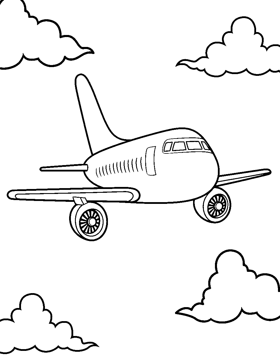Cute Airbus Scene Airplane Coloring Page - A playful, cartoon-style Airbus flying with a backdrop of soft clouds.