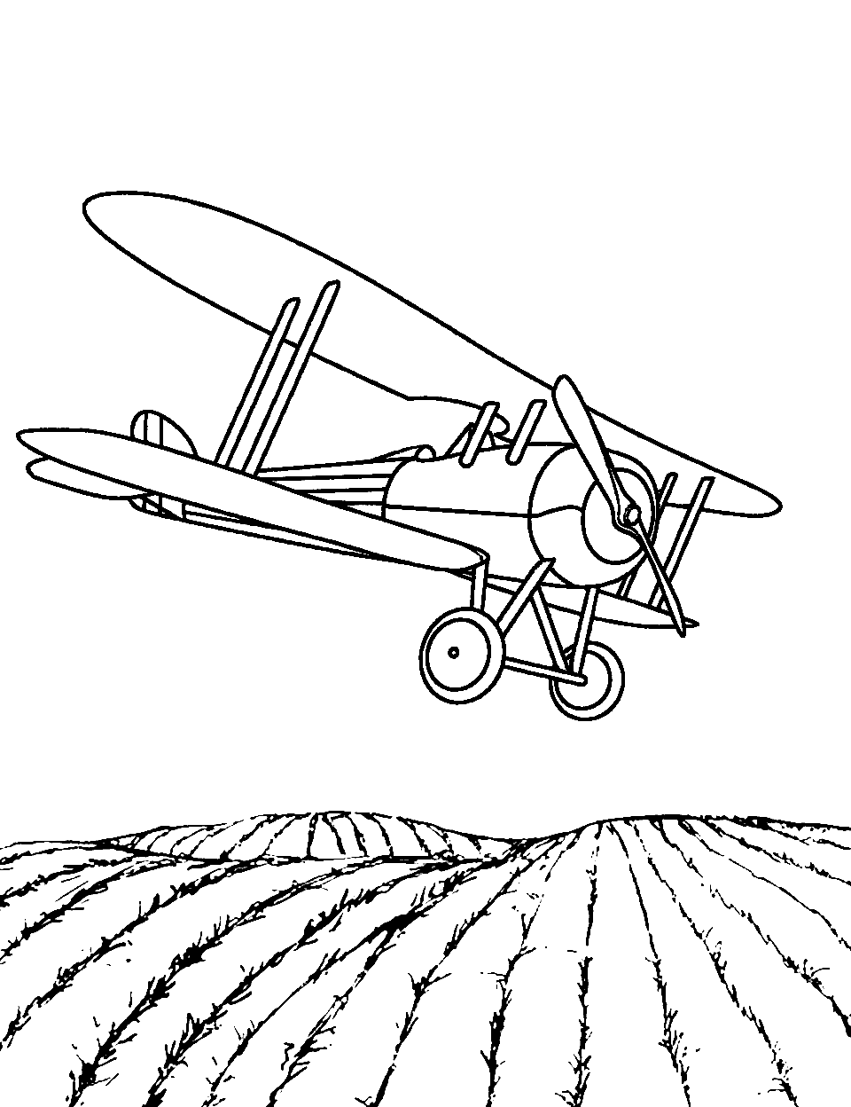Dusty Crop Duster Airplane Coloring Page - An old-fashioned biplane dusting crops in a rural field.