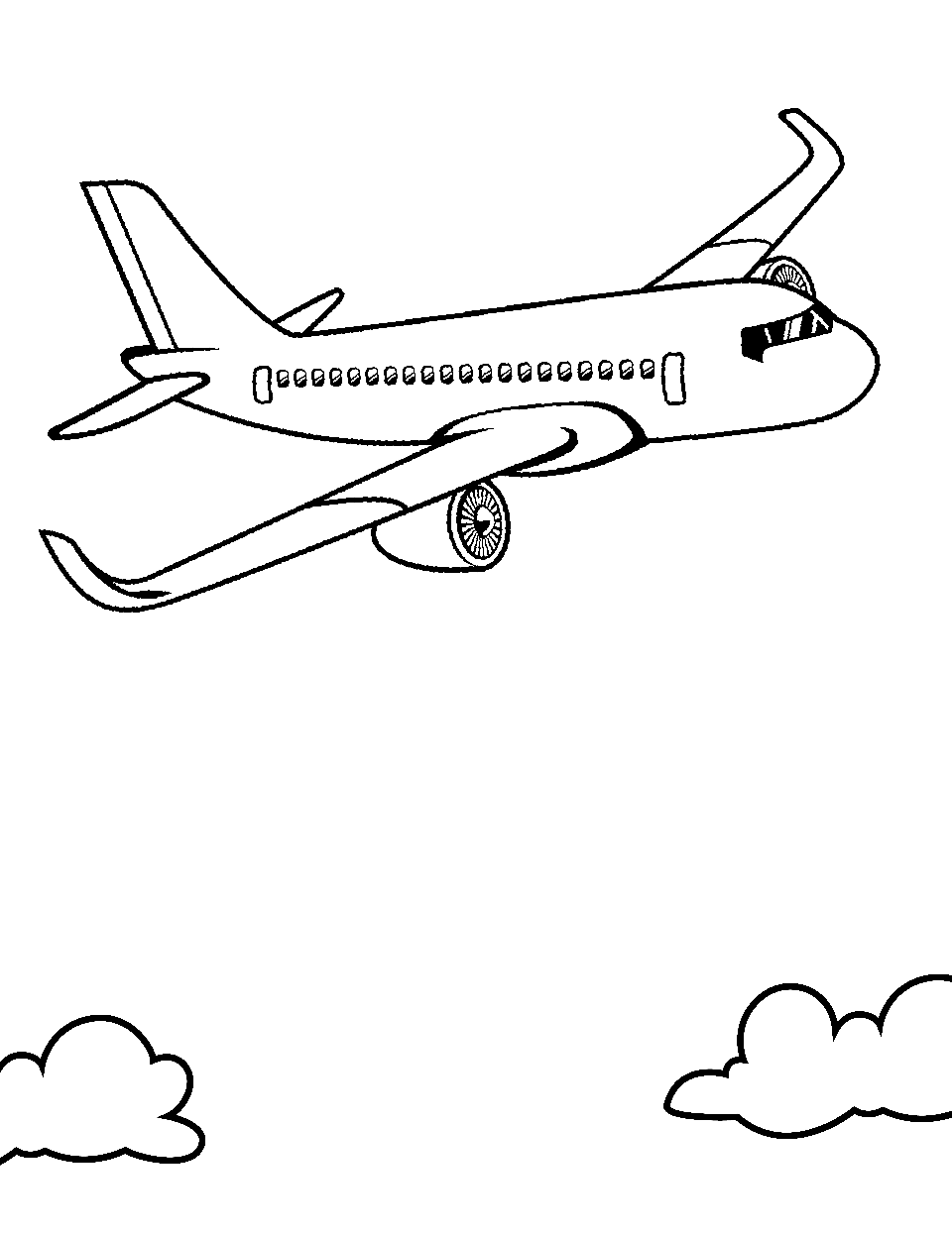 Elegant Airliner Airplane Coloring Page - A large passenger plane cruising at high altitude with a clear sky.