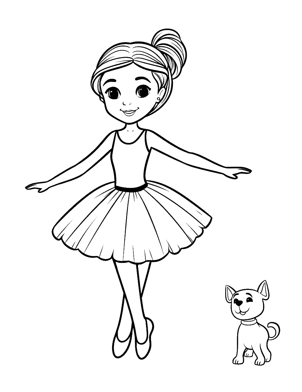 Ballerina With a Puppy Coloring Page - A young ballerina practicing her dance moves with a cute puppy watching her.