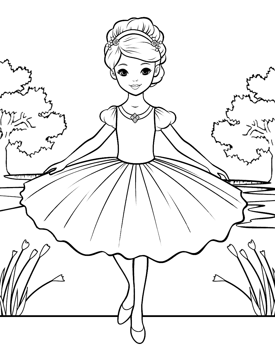 Ballerina by the Pond Coloring Page - A ballerina beside a serene pond.