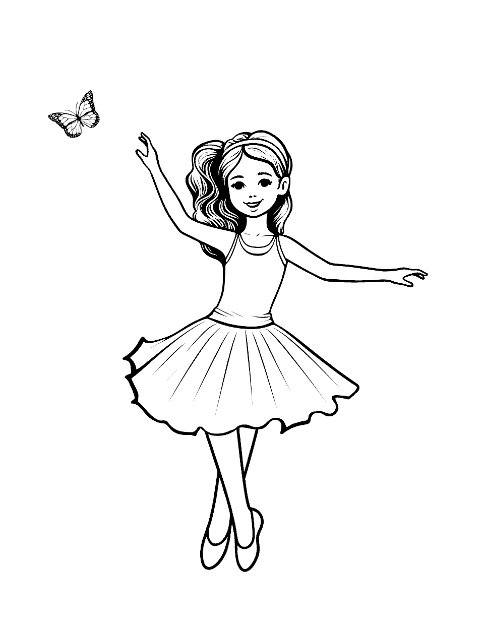 Ballerina and the Butterfly Coloring Page - A ballerina admiring a butterfly flying around her.