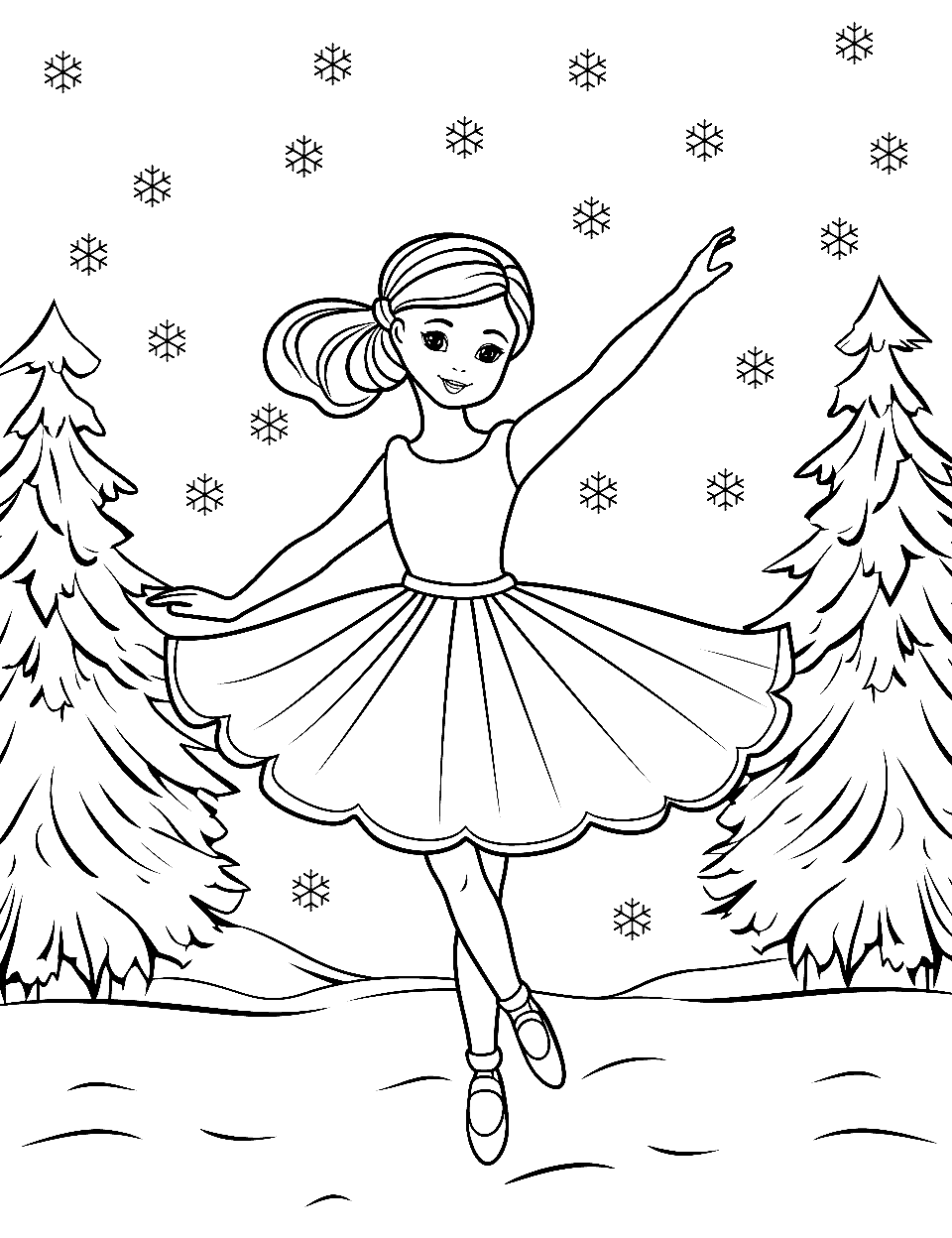 Ballerina in a Winter Wonderland Coloring Page - A ballerina dancing amidst snowflakes and winter scenery.