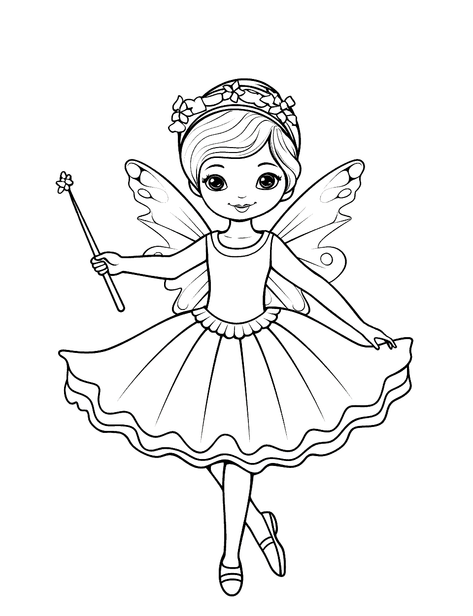 Fairy Tale Ballerina Coloring Page - A ballerina dressed as a fairy, with wings and a magic wand.