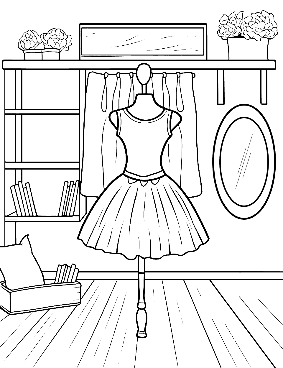 Ballerina's Dressing Room Ballerina Coloring Page - A simple scene of a ballerina’s dressing room with costumes and mirrors.