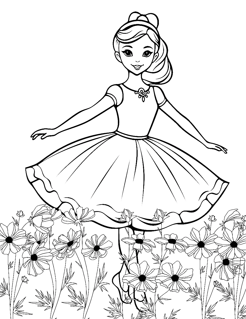 Ballerina Among Flowers Coloring Page - A ballerina in a field of colorful flowers.