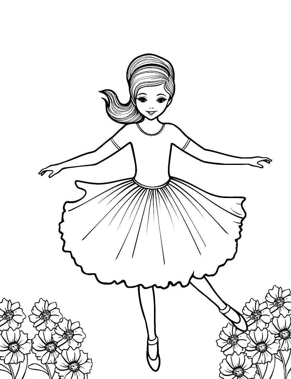 Garden Ballet Performance Ballerina Coloring Page - A ballerina performing in a beautiful garden setting.