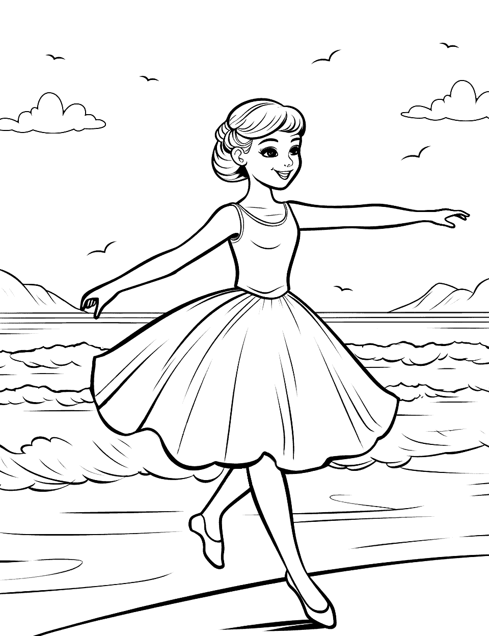Seaside Ballet Ballerina Coloring Page - A ballerina dancing on the beach, with waves in the background.