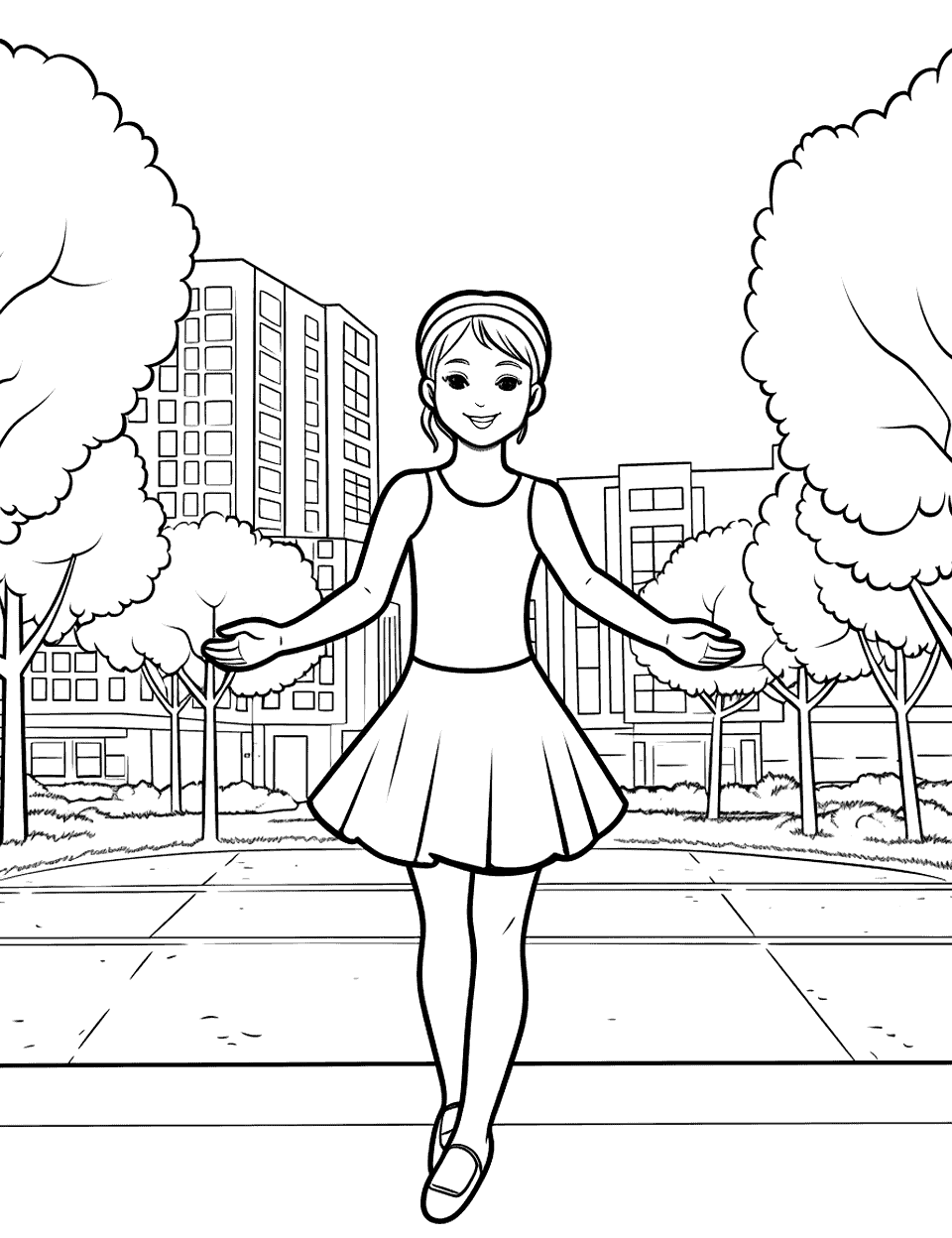 Ballet in the Park Ballerina Coloring Page - A ballerina performing in a city park.