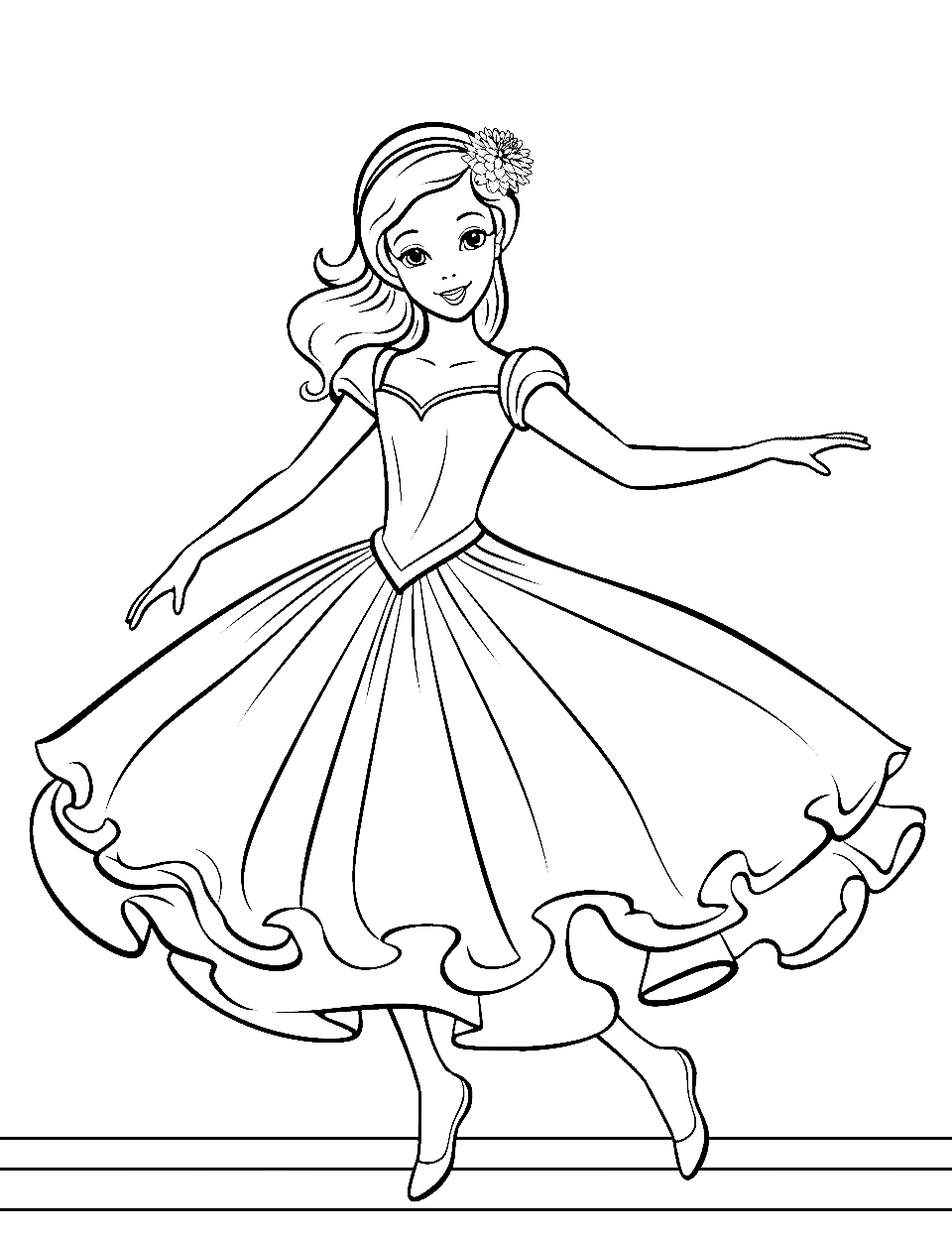 Sleeping Beauty Dance Ballerina Coloring Page - A scene from Sleeping Beauty with the ballerina in a beautiful dress.