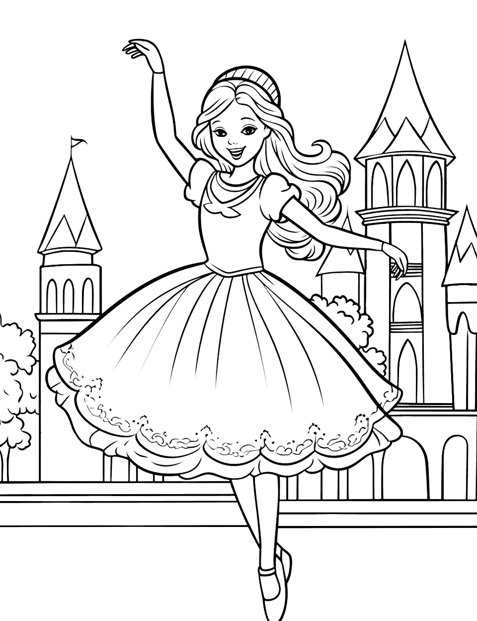 Castle Ballet Scene Ballerina Coloring Page - A ballerina with short hair, dancing in front of royal towers.