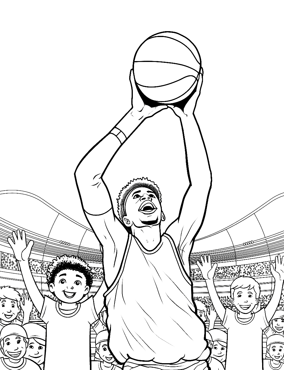 NBA Championship Moment Basketball Coloring Page - A player shooting a winning basket with a large crowd cheering in the background.