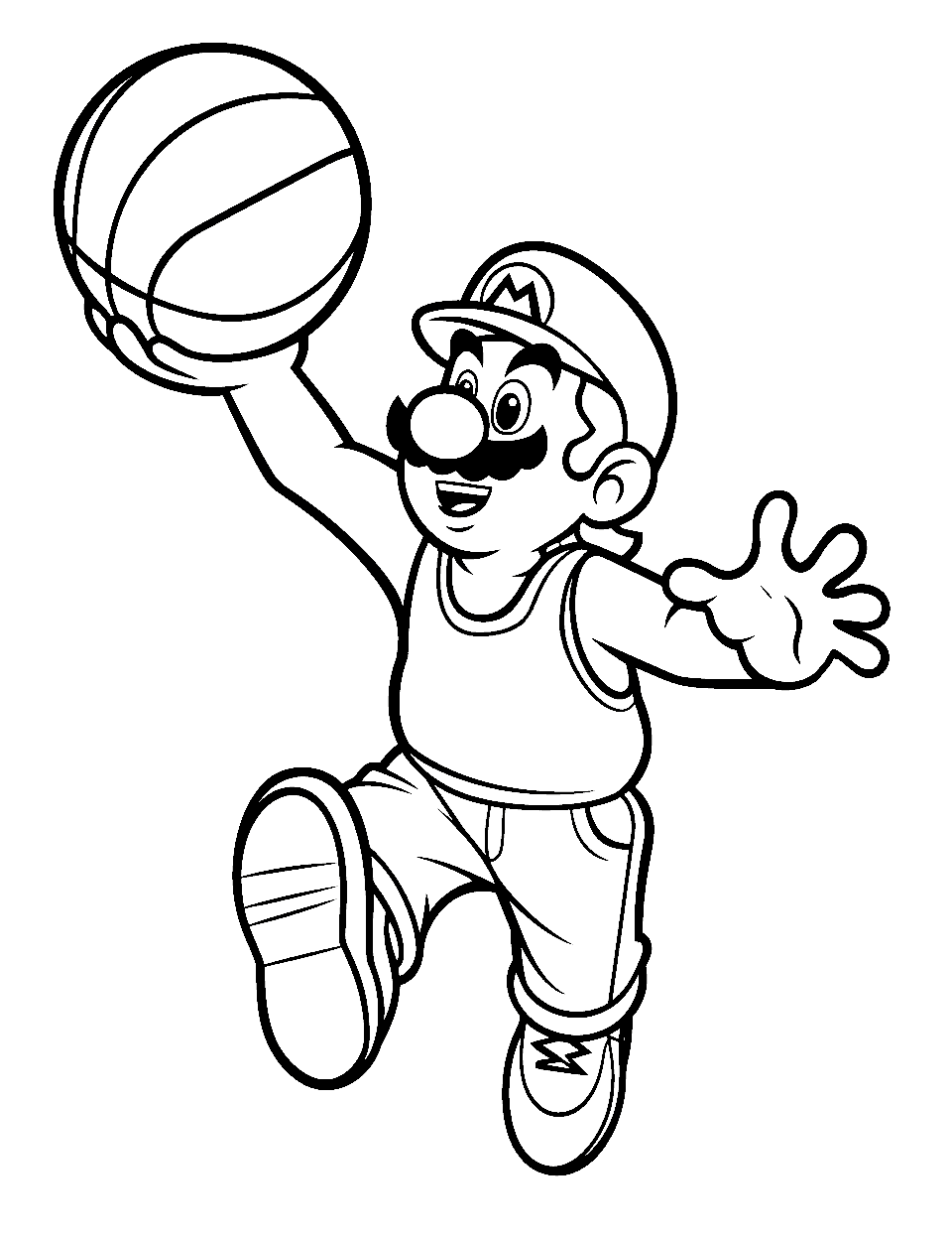Super Mario Scores Basketball Coloring Page - Super Mario shooting a basket.