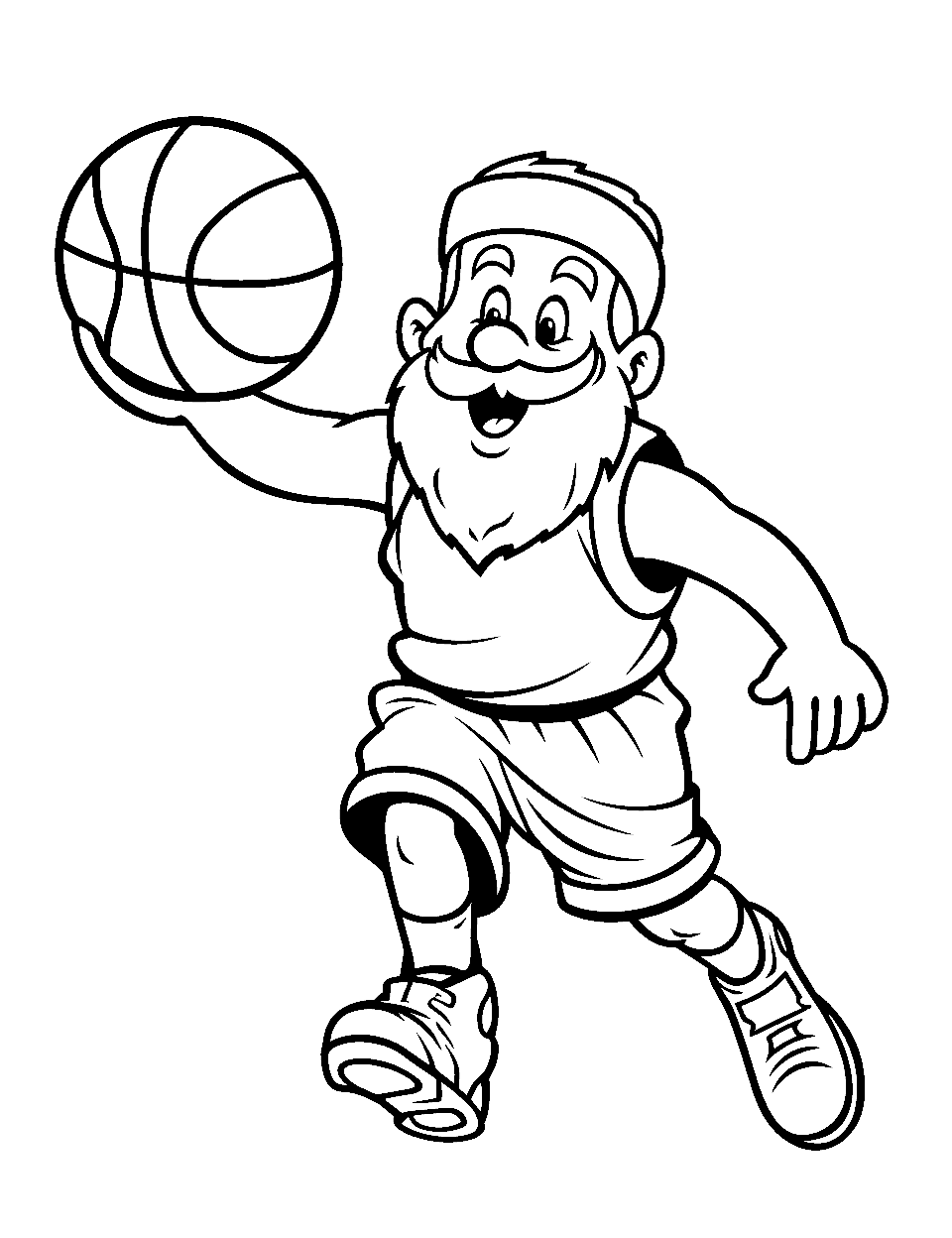 Christmas Basketball Fun Coloring Page - Santa Claus playing basketball, wearing athletic clothing and a headband.