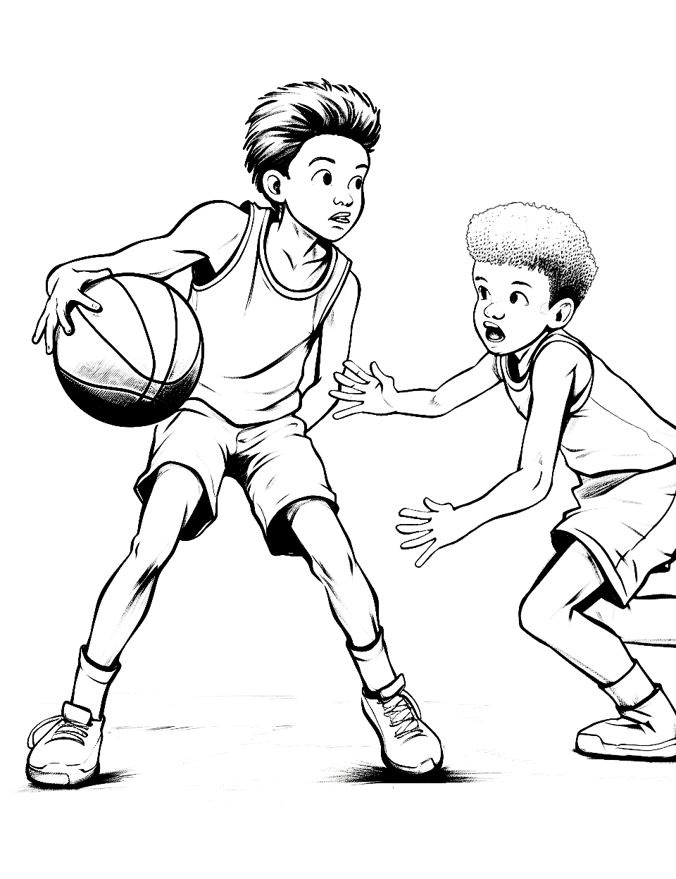 Guarding the Opponent Basketball Coloring Page - Two players in a tense moment, one guarding the other closely as they dribble the ball.