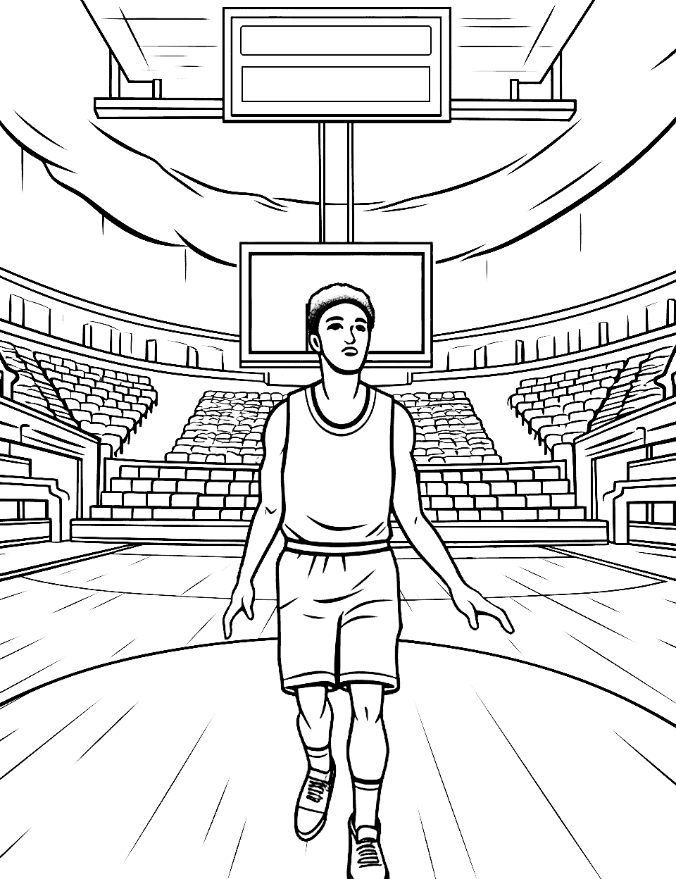 Retro High School Field Basketball Coloring Page - A high schooll vintage gymnasium.