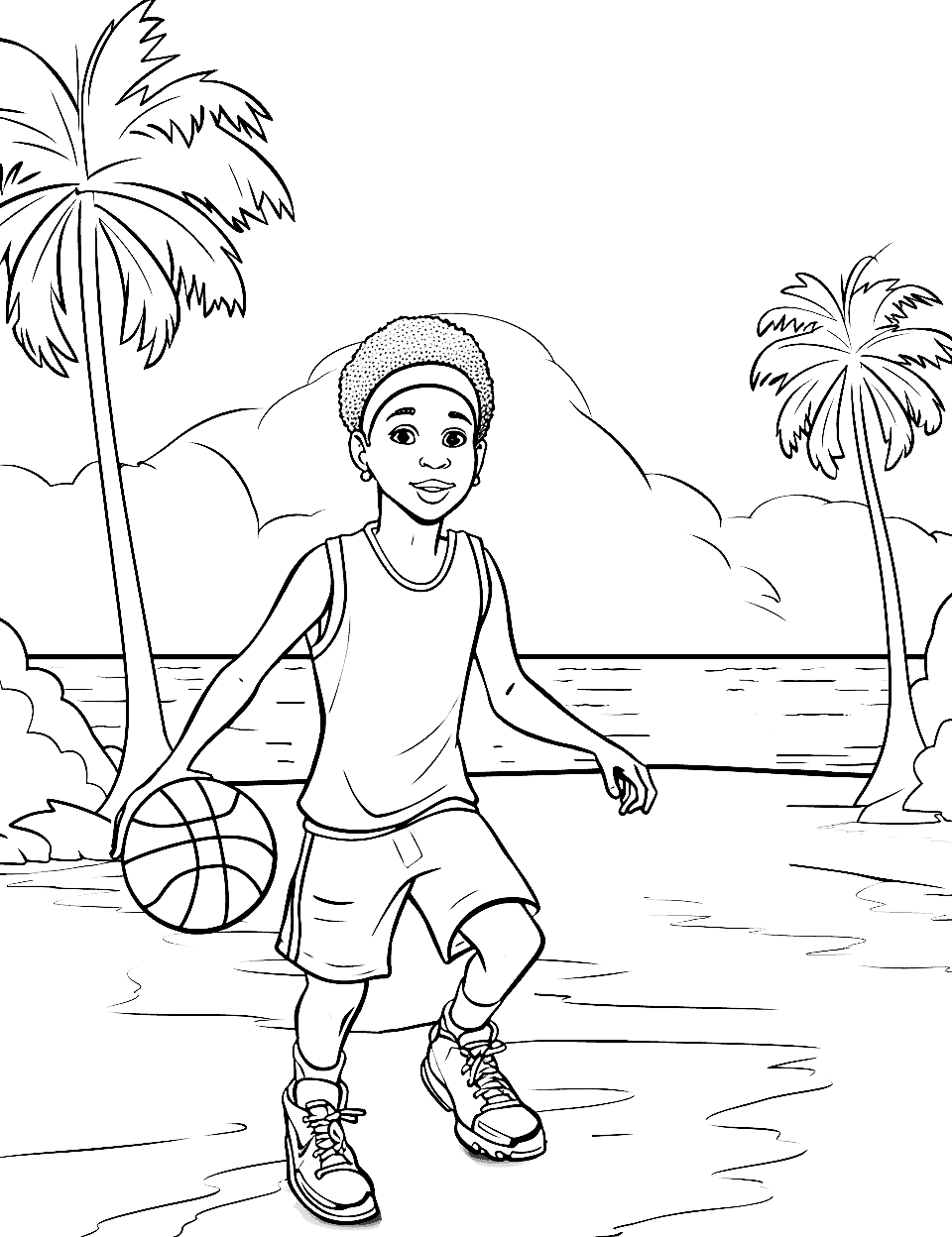 Beach Basketball Holiday Coloring Page - A kid playing basketball on a beach with a simple ocean and palm tree background.