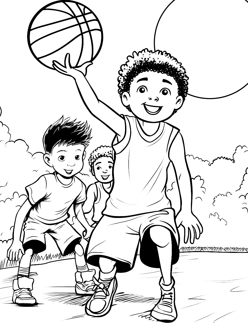 Basketball Camp Fun Coloring Page - Kids learning to play basketball at a summer camp.