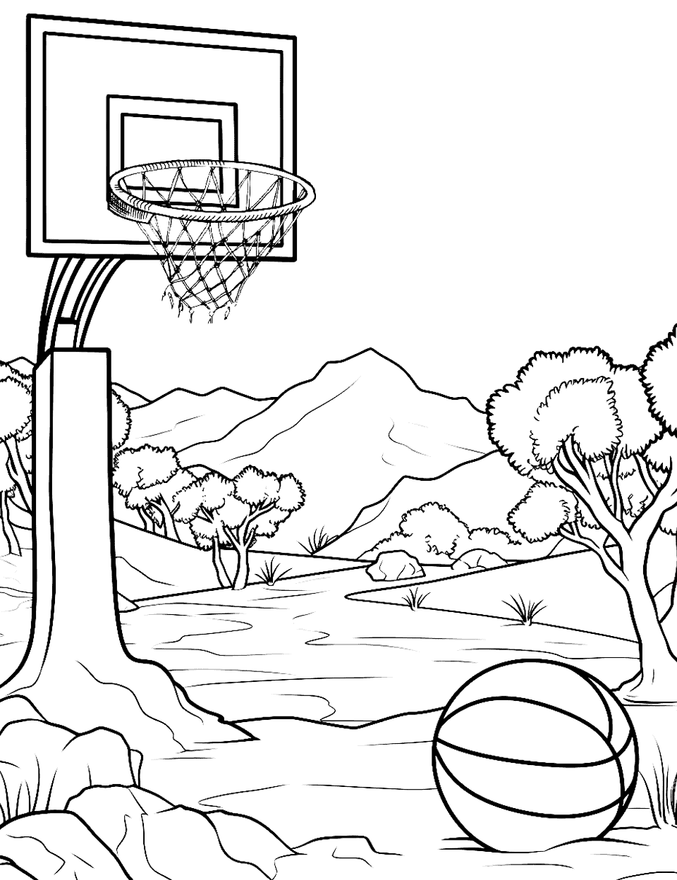 Desert Oasis Basketball Coloring Page - A scene of a basketball hoop set up near an oasis in the desert.