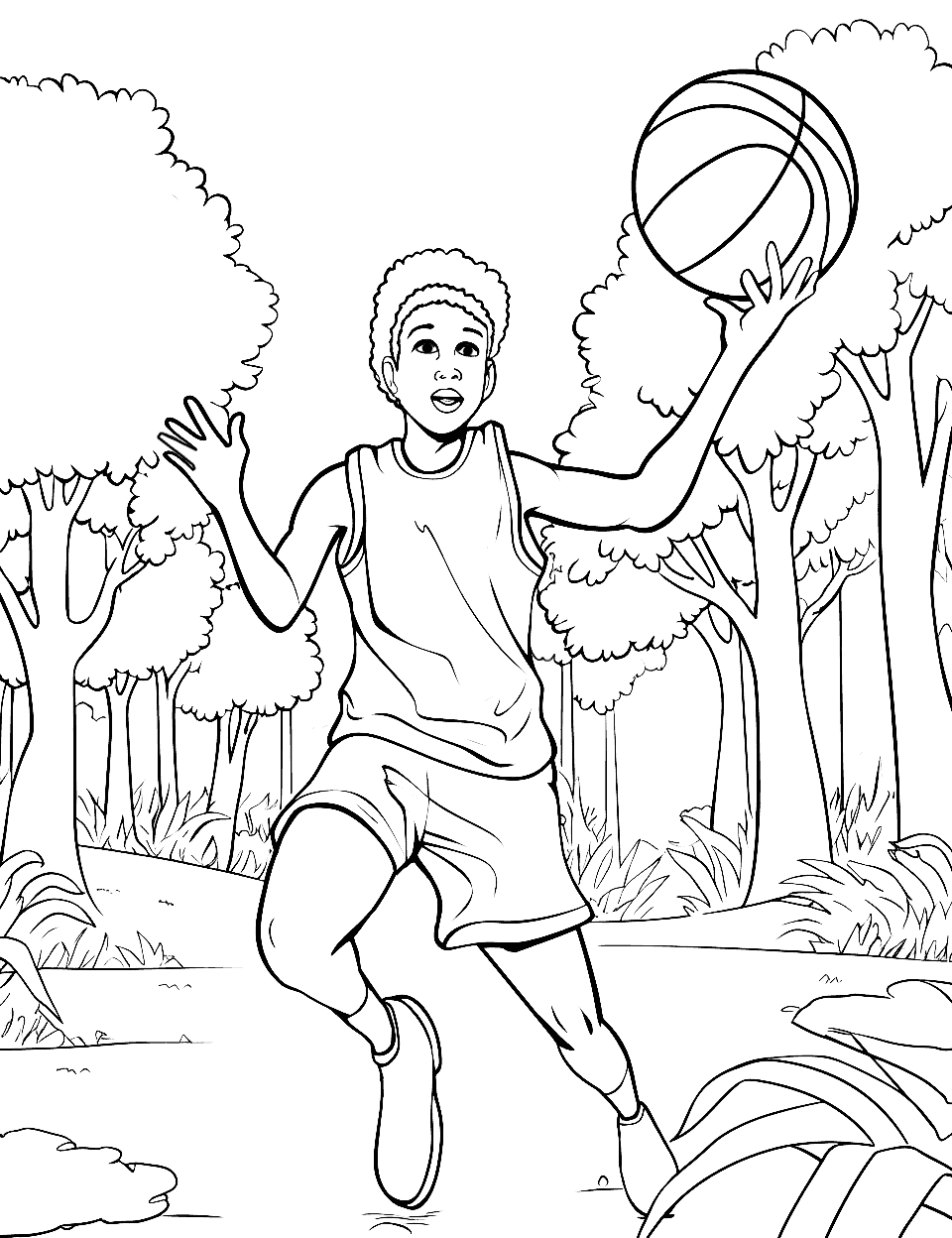 Rainforest Pick-up Game Basketball Coloring Page - A kid playing basketball in a clearing in the rainforest.