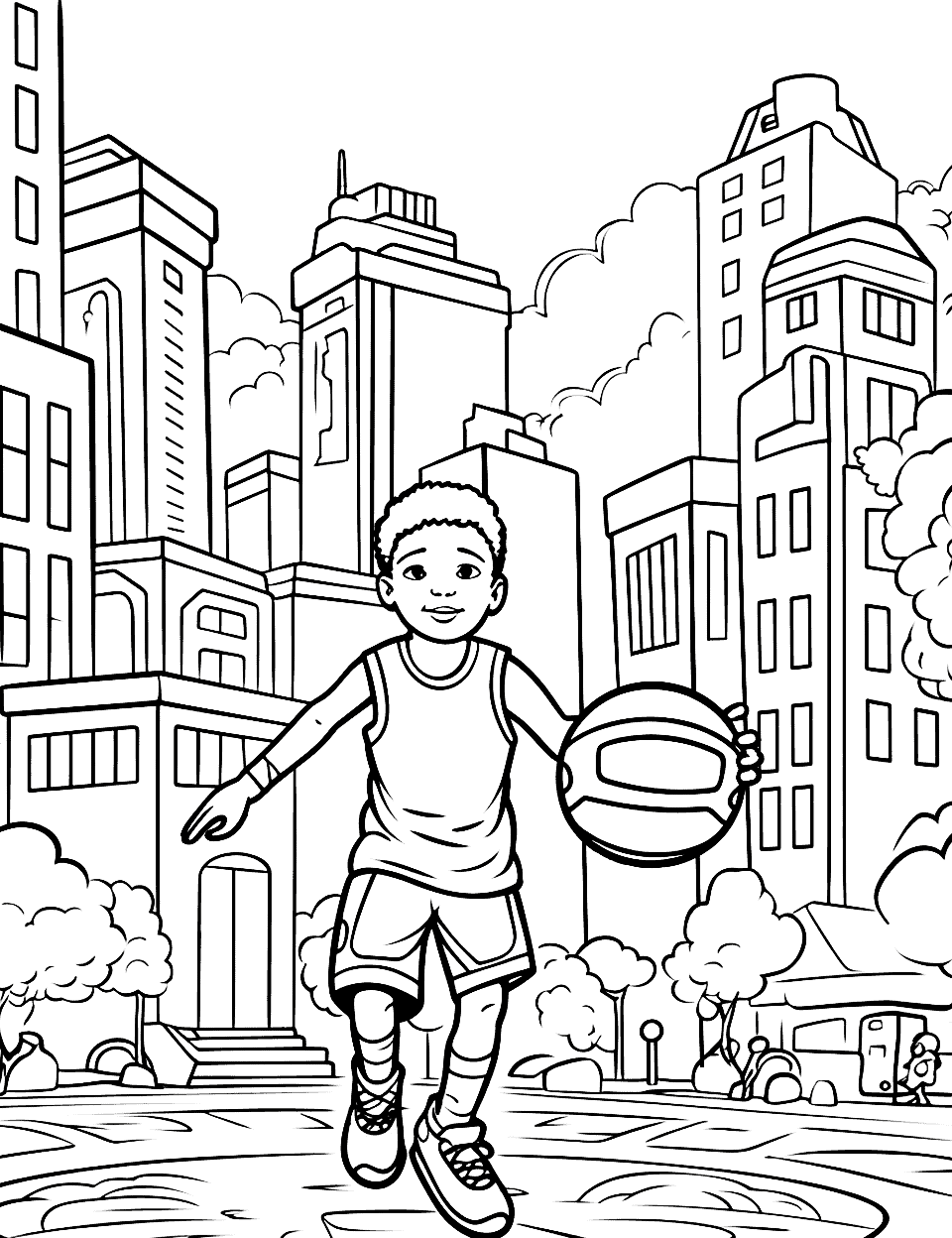 Futuristic City Game Basketball Coloring Page - Child playing basketball in a detailed futuristic city.