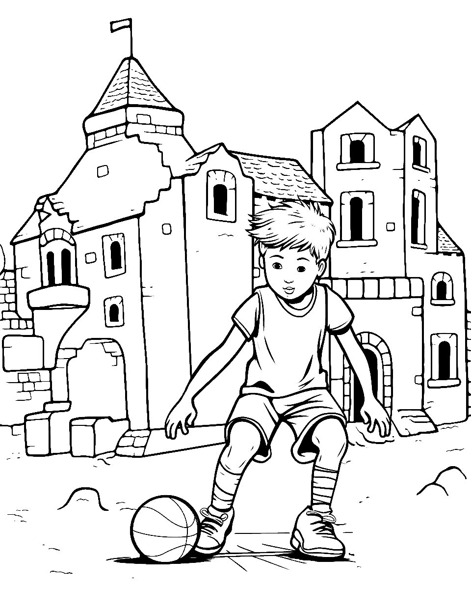 Medieval Castle Court Basketball Coloring Page - A European medieval scene with a kid playing basketball in a castle courtyard.