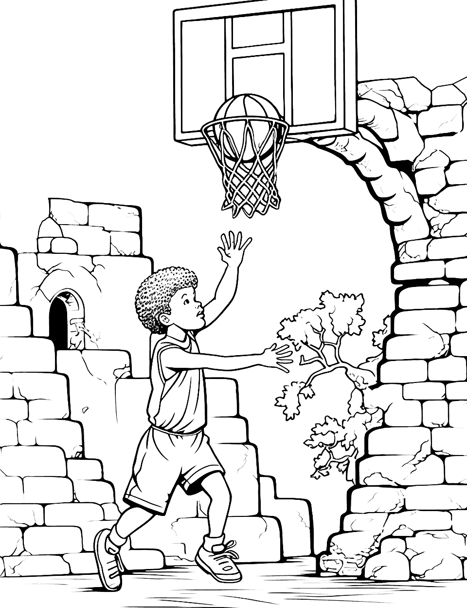 Ancient Ruins Basketball Coloring Page - A player discovering an old basketball hoop and playing in ancient ruins.