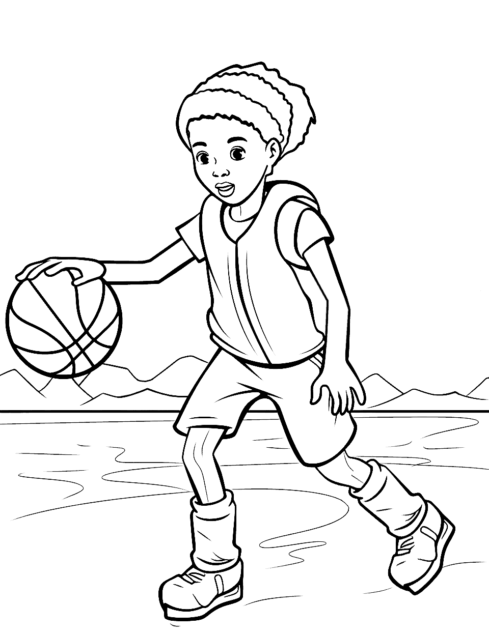 Arctic Ice Court Challenge Basketball Coloring Page - A girl in winter gear playing basketball on an ice court in the Arctic.