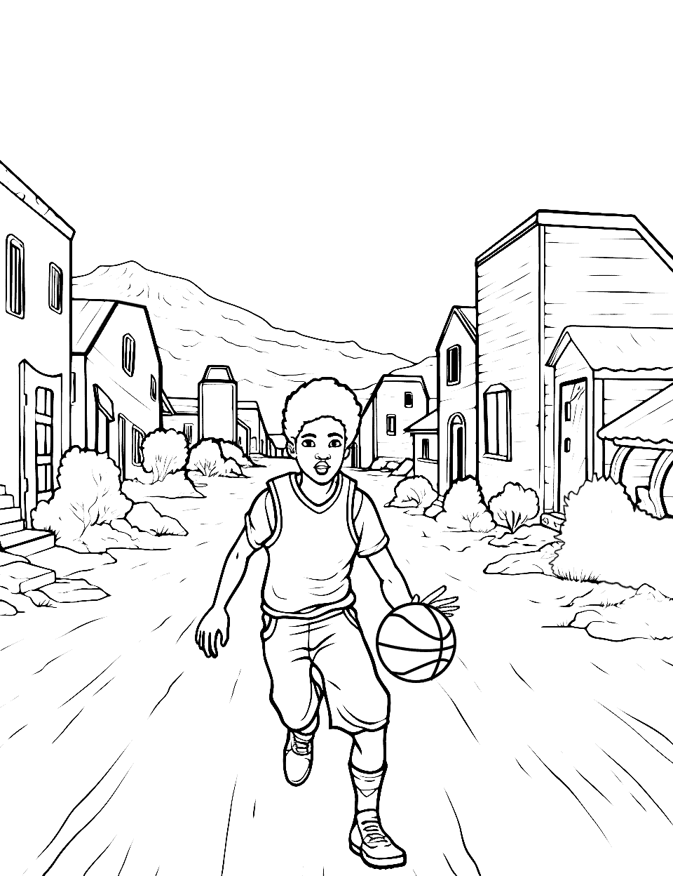 Wild West Shootout Basketball Coloring Page - A Wild West scene with a basketball player in a dusty town.