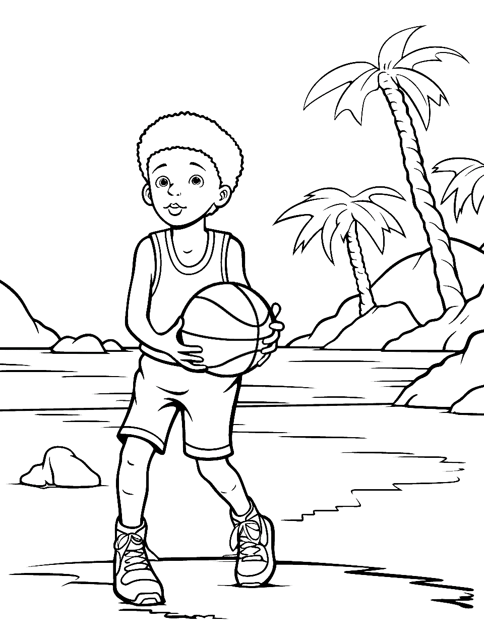 Tropical Island Basketball Coloring Page - A child playing basketball on a beach with a tropical island backdrop.