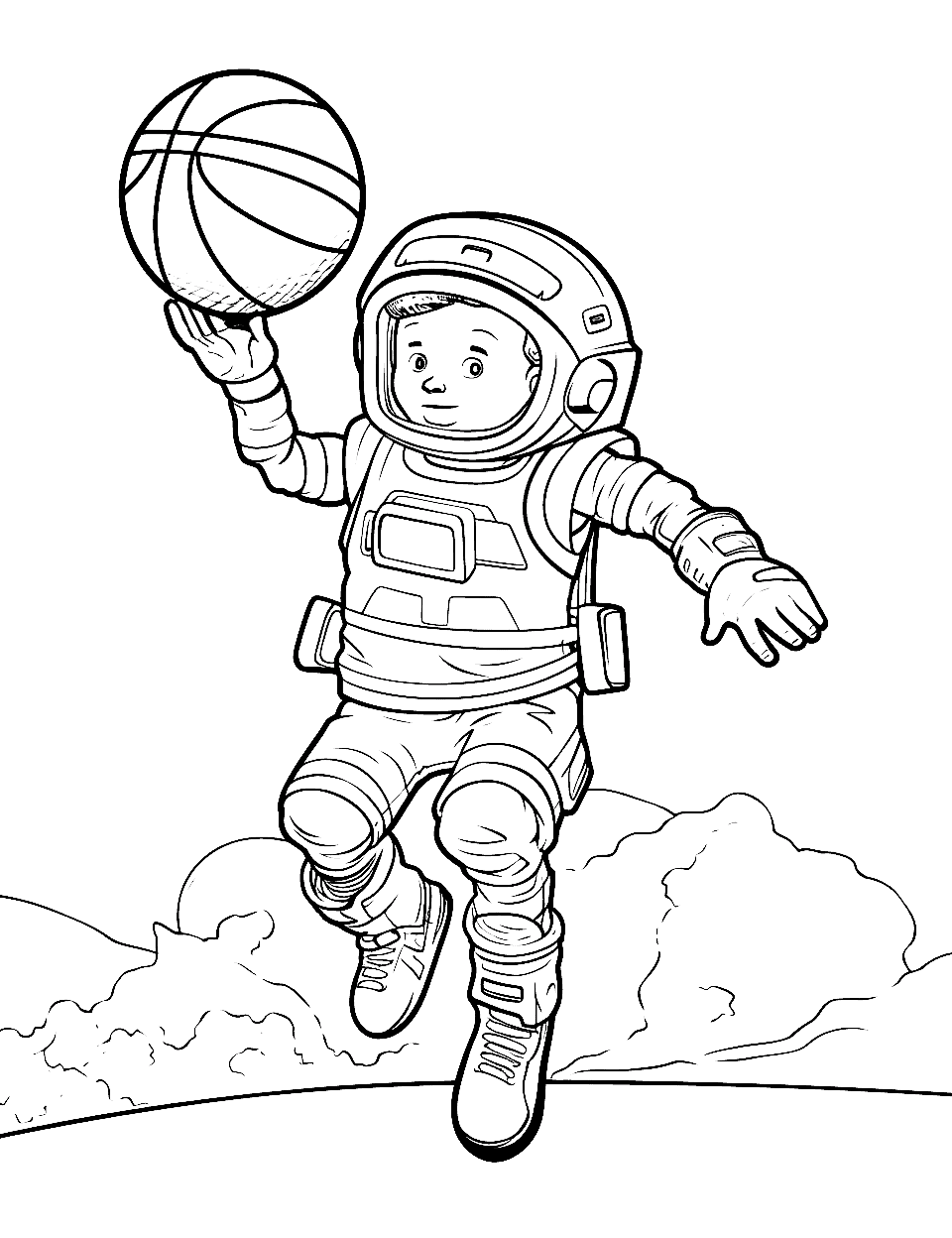 Space Station Zero-G Game Basketball Coloring Page - An astronaut playing basketball in zero gravity on an outer space planet surface.