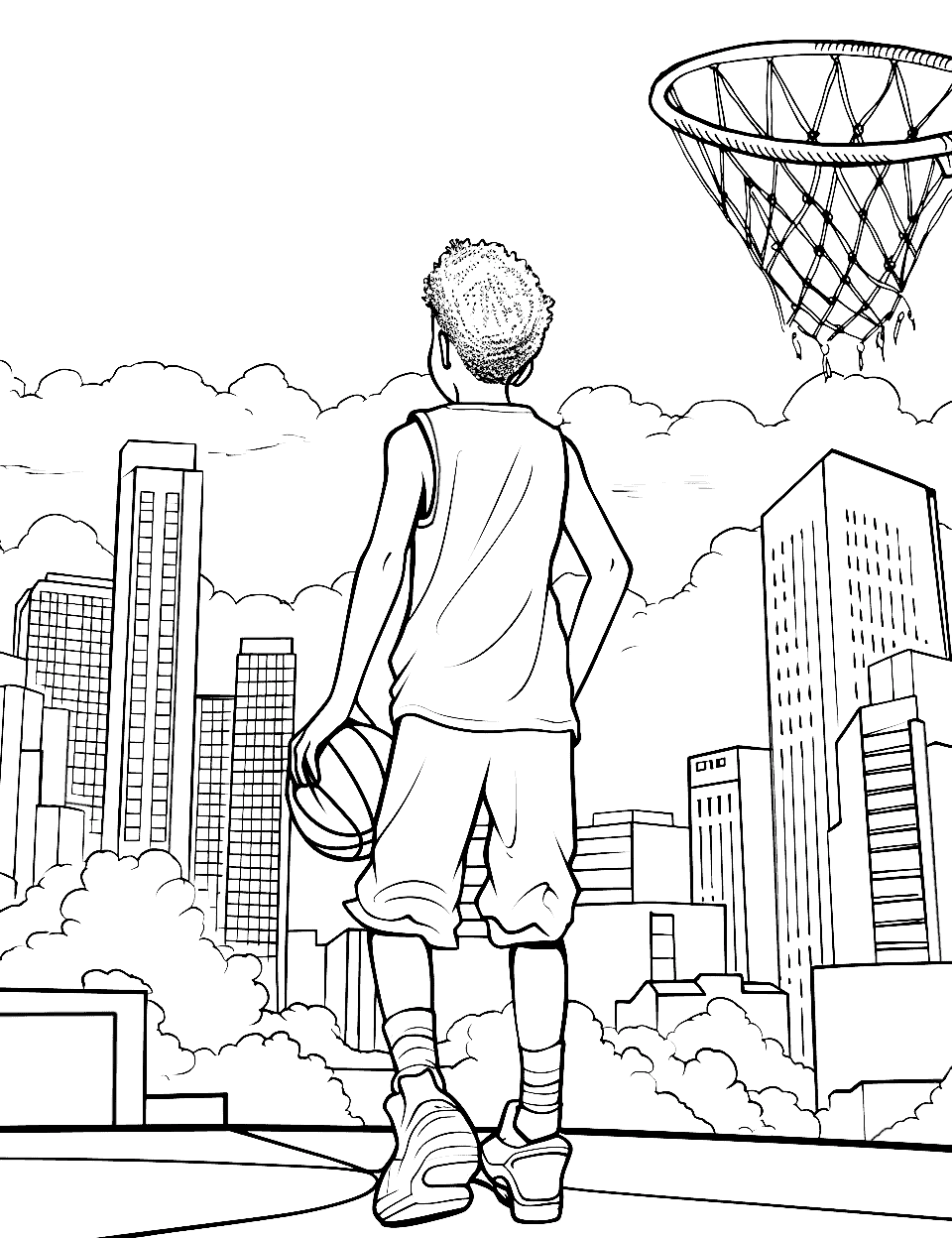 City High Hoops Basketball Coloring Page - A scene of a city court with buildings in the background.