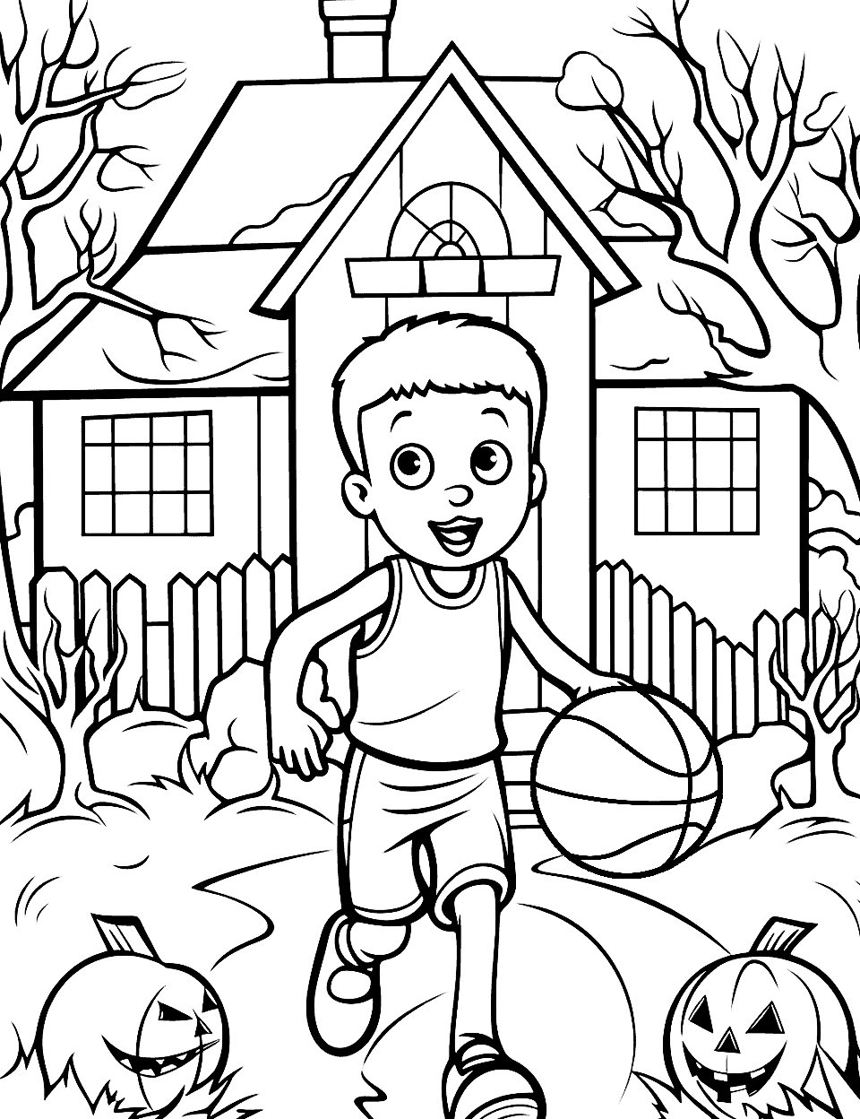 Haunted House Half-Court Basketball Coloring Page - A spooky haunted house backdrop with a kid playing basketball in the front yard.