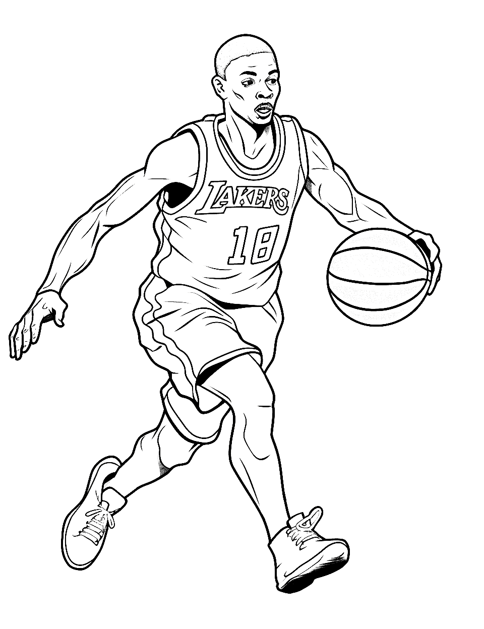 Lakers Game Day Basketball Coloring Page - A Lakers player dribbling the ball down the court.
