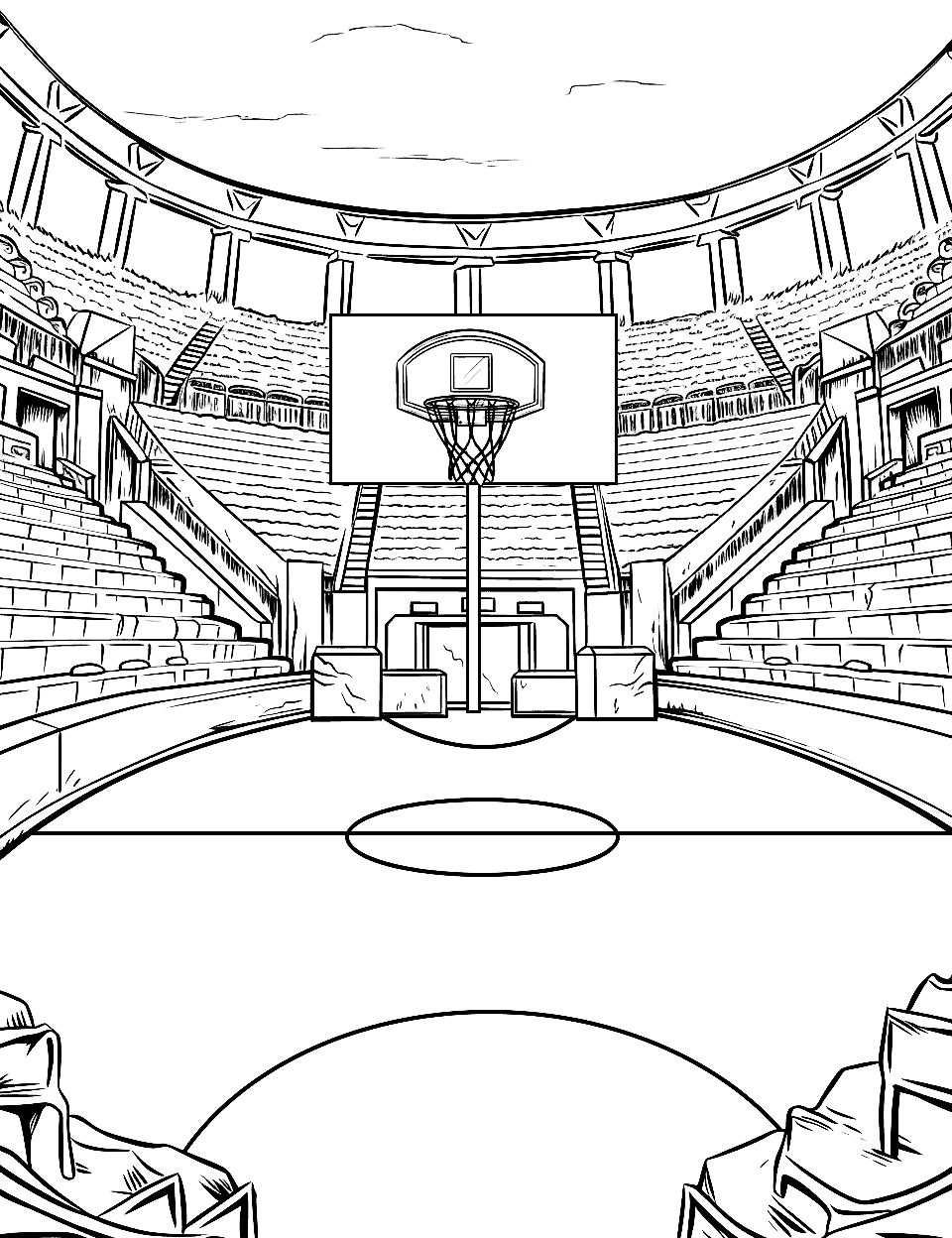 Ancient Greek Arena Court Basketball Coloring Page - A scene set in ancient Greece with a basketball court in an old stone arena.