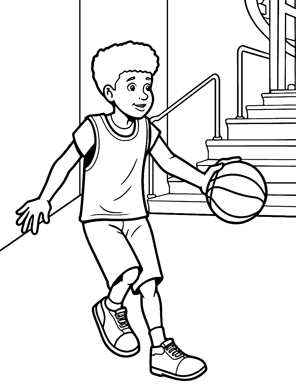 Underground Subway Game Basketball Coloring Page - A teenager playing basketball near the stairs of a subway station.