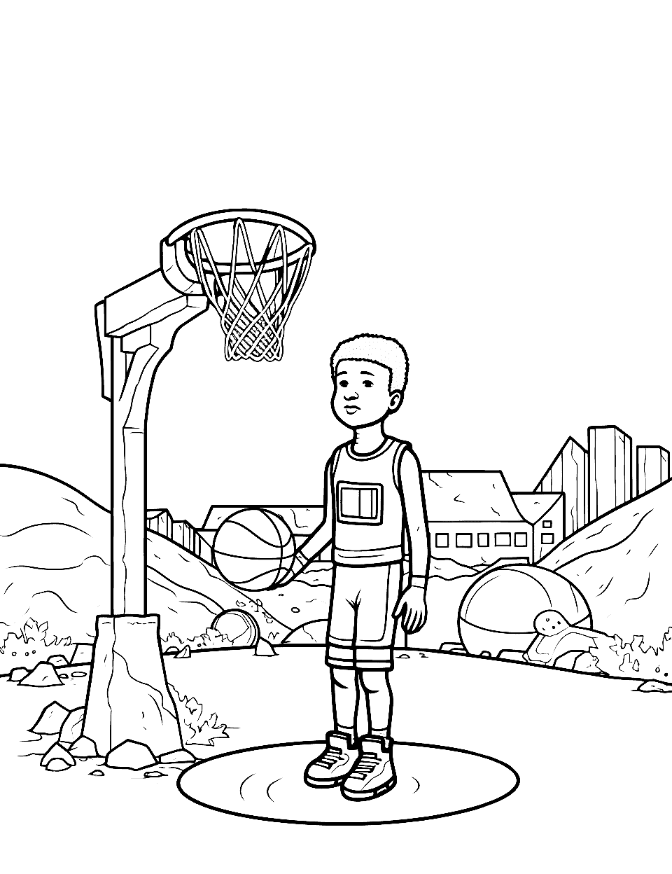 Mars Colony Hoops Basketball Coloring Page - A Mars colony scene with a child playing basketball outside the station.