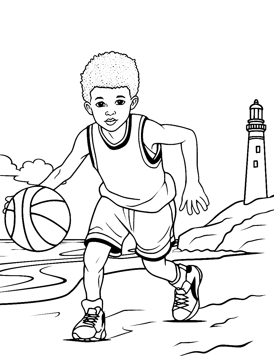 Lighthouse Beach Game Basketball Coloring Page - A kid playing basketball on a beach near a lighthouse.