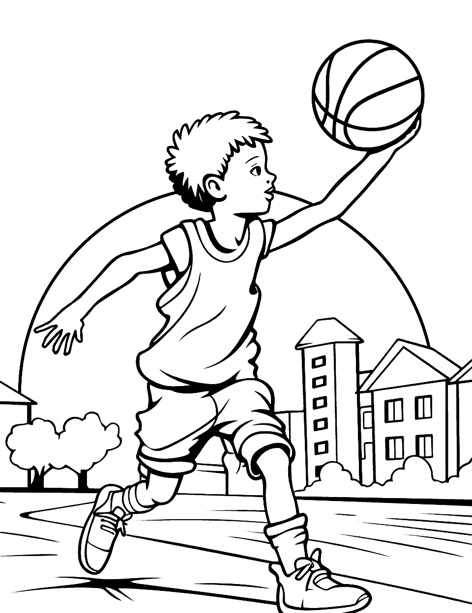 Sunset Game Basketball Coloring Page - A kid playing basketball outside during the sunset.