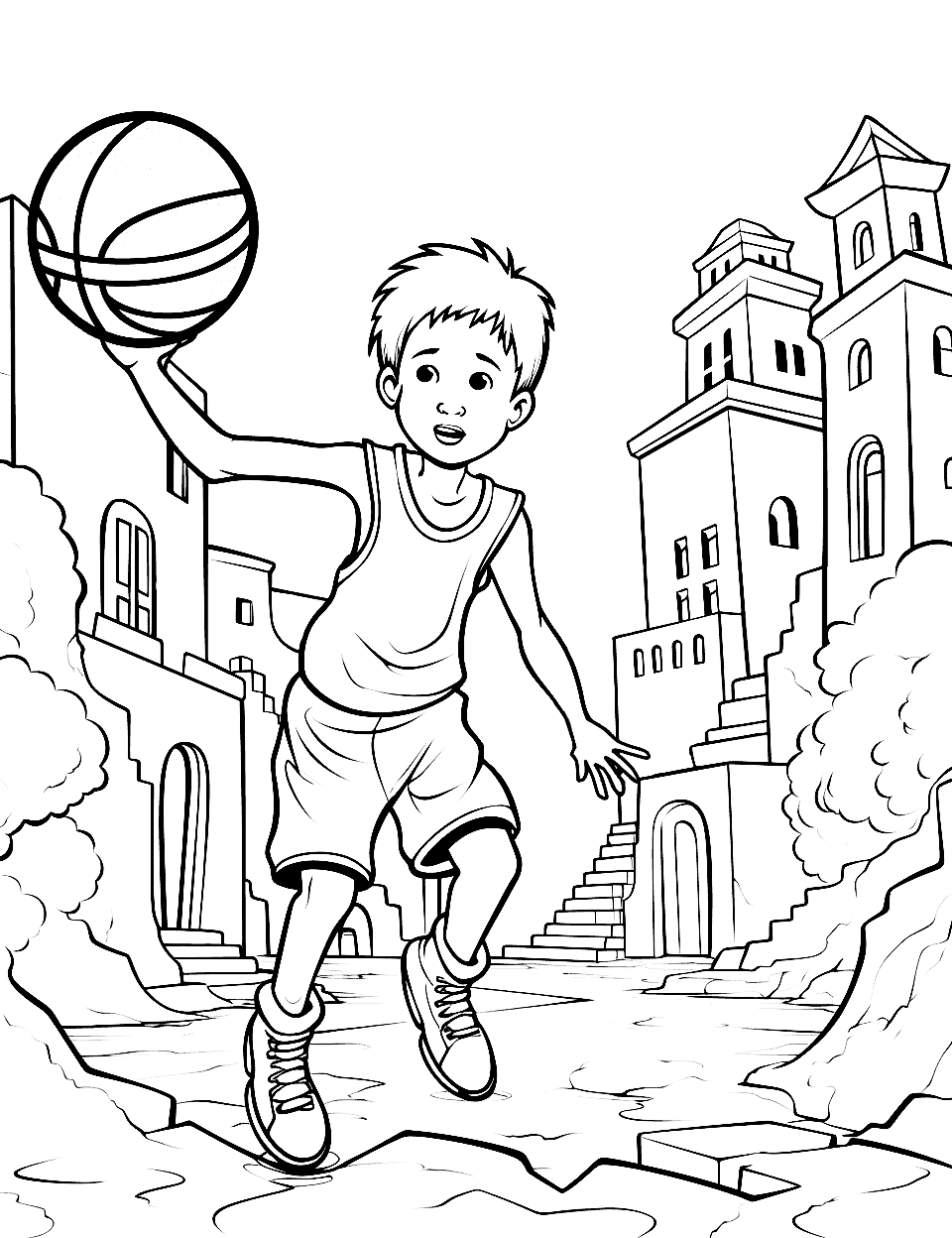 Lost City of Gold Game Basketball Coloring Page - A scene of a kid playing basketball in a mythical lost city of gold.